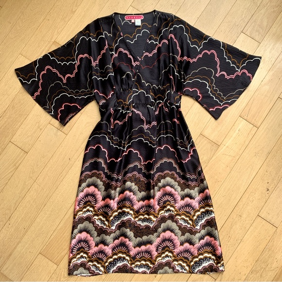 MANOUSH • Black Print Silk Kimono Sleeve Tie Waist Dress-Sz 6 - Picture 2 of 9